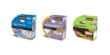 Taśma malarska Scotch® w niebieskim, fioletowym i zielonym opakowaniu
