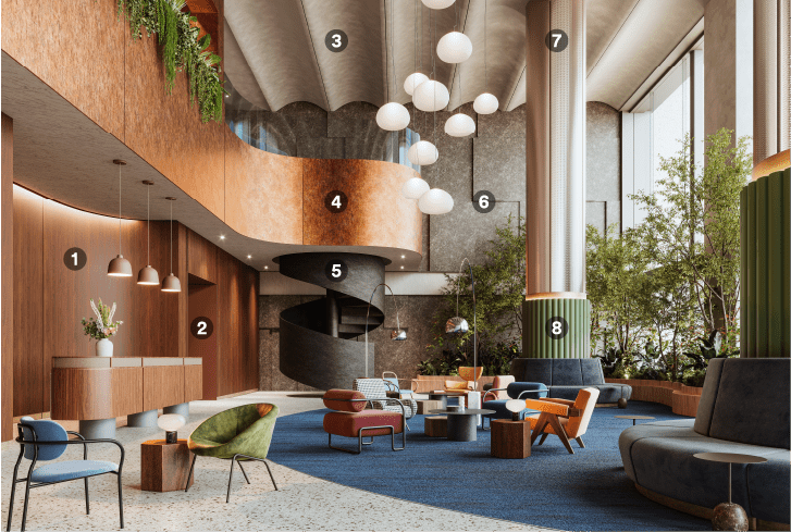 Nowoczesny salon z połowy wieku, odnowiony z naturalnymi wykończeniami architektonicznymi 
