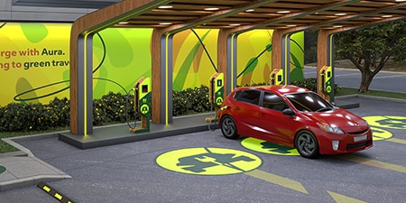 Stacja ładowania EV pokryta produktami do oznakowania nawierzchni.
