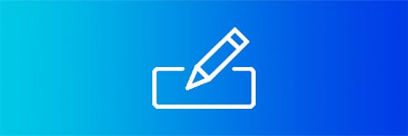 Obraz z niebieskim tłem z białą ikoną długopisu i kartki papieru
