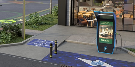 Stacja ładowania EV z podniesionym poziomem bezpieczeństwa dzięki zabezpieczeniom podłogi.
