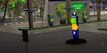 Znak stacji ładowania EV z nałożonymi produktami do oznakowania podświetlanego.
