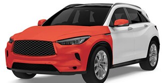 Biały SUV z obszarami ochrony lakieru zaznaczonymi na czerwono