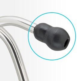 Zbliżenie czarnej, miękko zakończonej oliwki liry Statoskopu 3M littmann.