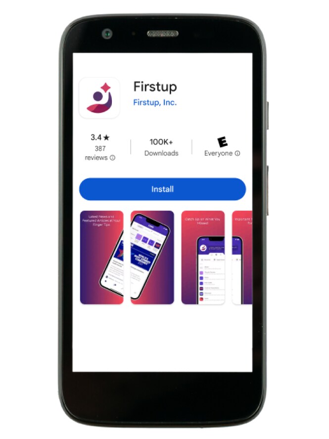 Smartfon z wyświetloną aplikacją Firstup.
