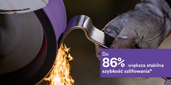 tekst „86% szybsze stałe tempo szlifowania” z pasem ściernym w tle

