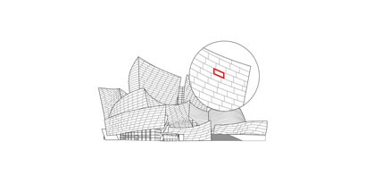 Szkic Walt Disney Concert Hall z zaznaczeniem miejsc wykorzystania taśmy VHB.
