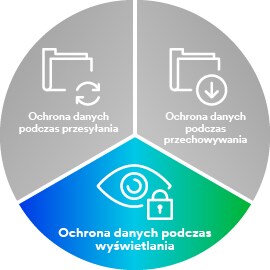 Wykres kołowy z ikonami ilustrującymi transmisję, przechowywanie i przeglądanie danych
