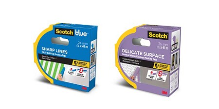 Taśma malarska Scotch® pokazana w niebieskim i fioletowym opakowaniu
