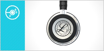 Pediatryczna strona głowicy Stetoskopu 3M Littmann Classic III, dodatkowo biała ikona błyszczącej czystością głowicy na niebieskozielonym tle.
