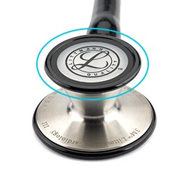 Zielononiebieski okrąg podświetlający dwutonową głowicę, która zwieńcza lejek Stetoskopu 3M Littmann Cardiology III.