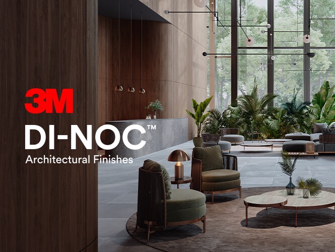 Nowoczesne wnętrze hotelu z wykończeniami architektonicznymi 3M i logo 3M DI-NOC

