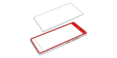 Szkic smartphona z zaznaczeniem miejsc wykorzystania taśmy VHB
