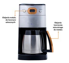 Jedną z zalet klejów jest ich umiejętność wiązania materiałów o rożnych parametrach oraz materiałów trudnych do sklejenia. Zdjęcie ekspresu do kawy z klejonymi częściami z tworzywa sztucznego.